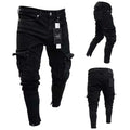 Men Skinny Cargo Jeans Long Pant Denim Pocket Stretch Black Work Trousers