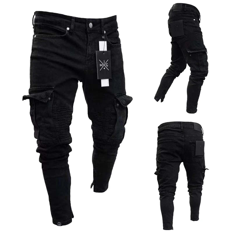 Men Skinny Cargo Jeans Long Pant Denim Pocket Stretch Black Work Trousers