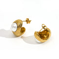 Latest 18K Gold Plated Stainless Steel Jewelry Hollow C Shape Pearl Stud Earring Waterproof for Woman Set Earrings E241625