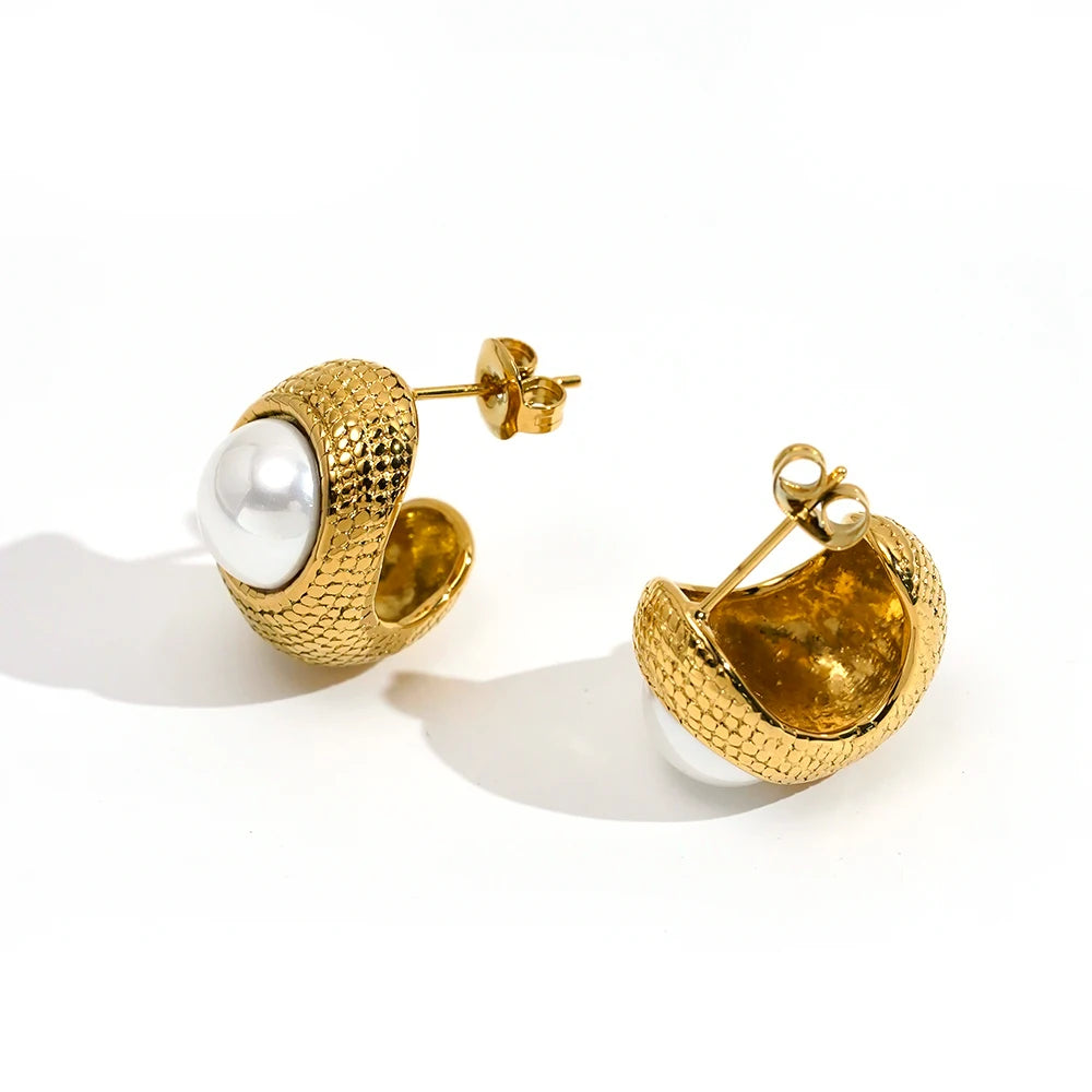 Latest 18K Gold Plated Stainless Steel Jewelry Hollow C Shape Pearl Stud Earring Waterproof for Woman Set Earrings E241625