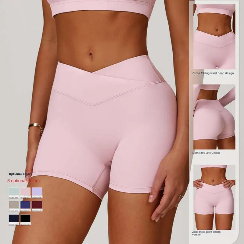 SHINBENE 3" Cross V Waist Exercise Gym Running Yoga Shorts Hidden Butt Scrunch Workout Biker Shorts for Women