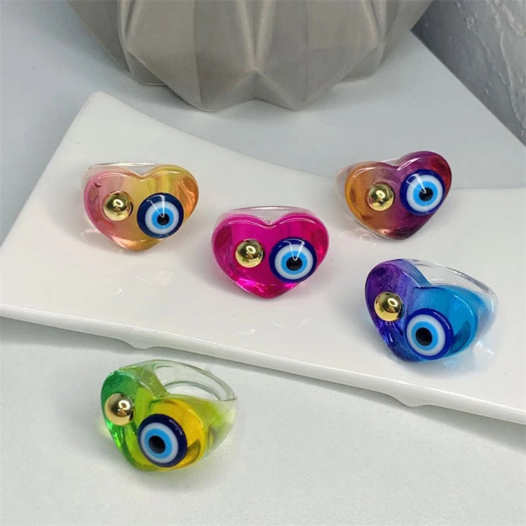 European American Style Gradient Candy Colors Love Heart Acrylic Ring Vintage Devil Eye Resin Ring for Women