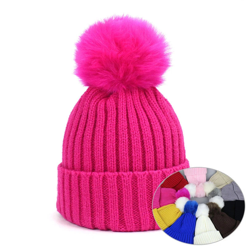 Kids Hat Knit PomPom Custom Kids Multicolor Winter Warm Hat Knitted Beanie With PomPom