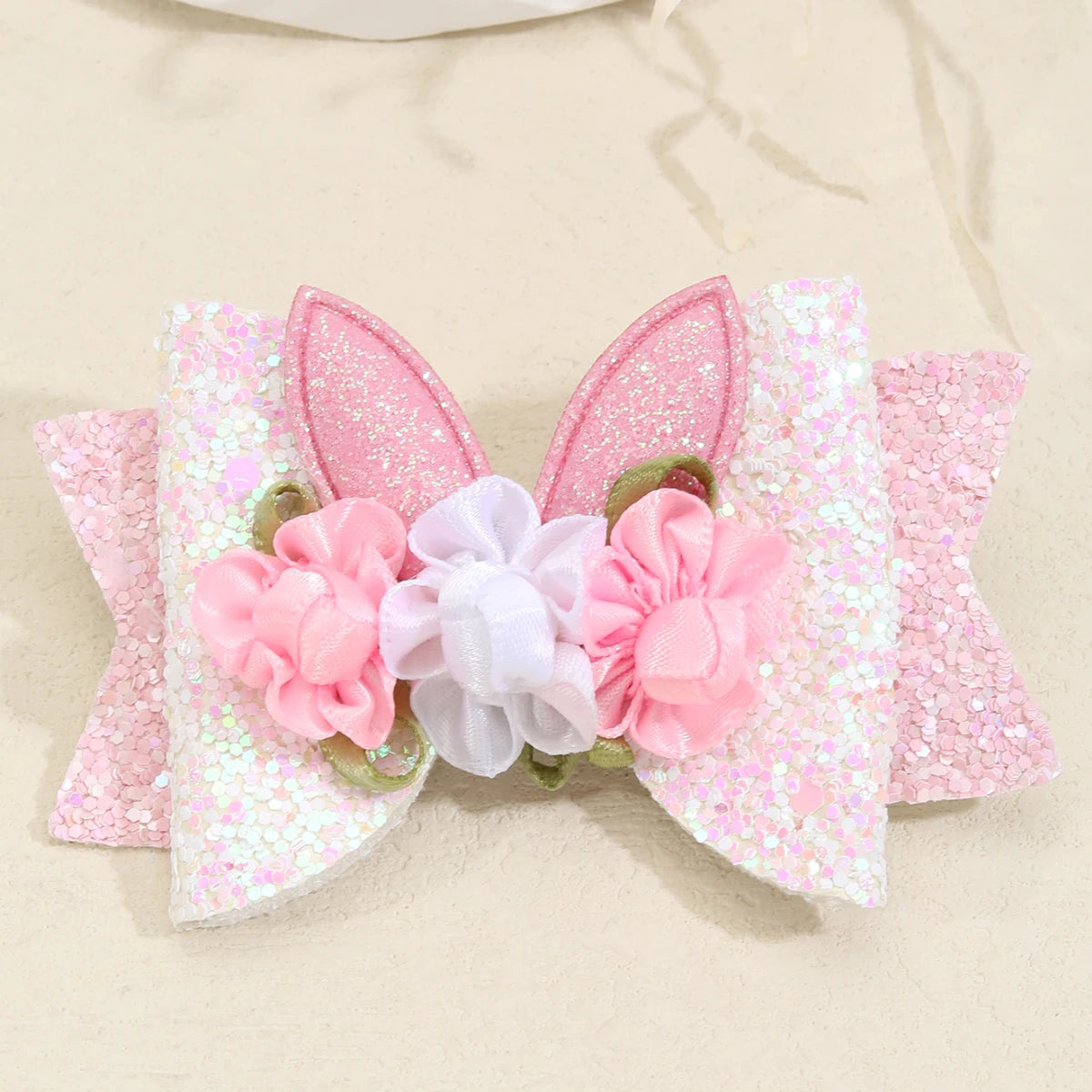CN 3 Inch New Design Flower and Cat Ears Hair Accessories Pink Glitter Hair Bows for Girls Sparkly Glitter Hair Clip