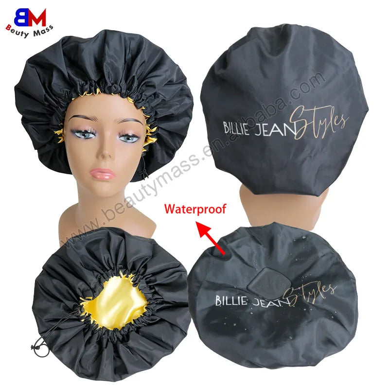 Hot Sale Custom logo Adult Kids Baby Shower Cap Reusable Hair Bonnet Waterproof Printed Satin Lined Shower Caps for Women