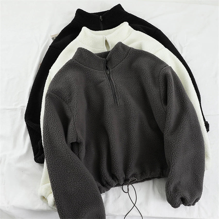 Autumn Winter Warm Fleece Hoodies Women Long Sleeve Casual Sport Sweatshirt CropTop Korean Style Harajuku Pullover Streetwear