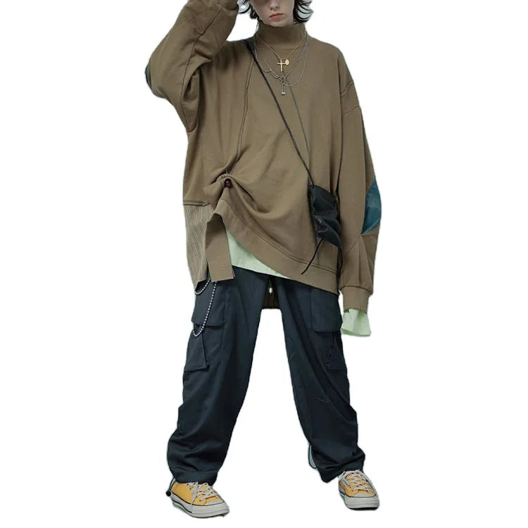 Custom Retro Splicing Gothic Yarn Dyed 100% Cotton Knitted Oversized Long Sleeve Hoodie Pullover T-shirt