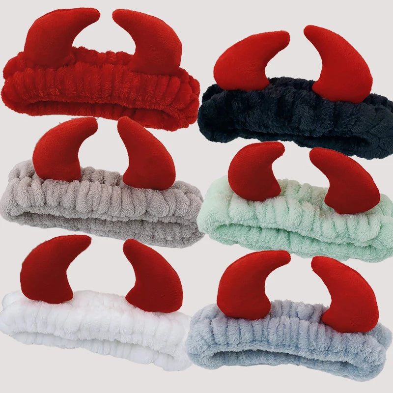 Custom Coral Fleece Skincare Face Wash Devil Horn Facial Spa Headband for Washing Face Makeup