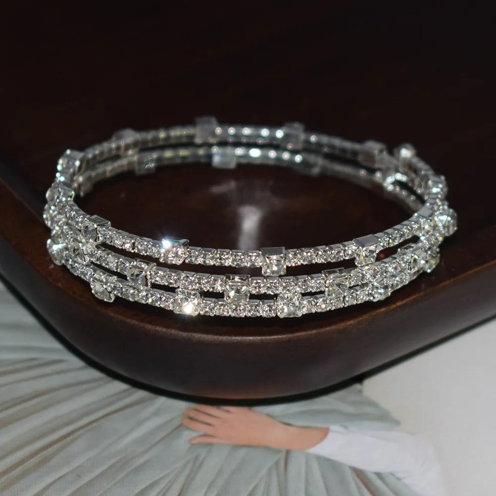 Three Layers Rhinestone Stretch Bracelets Bangle Jewelry Adjustable Bridal Bracelet for Women