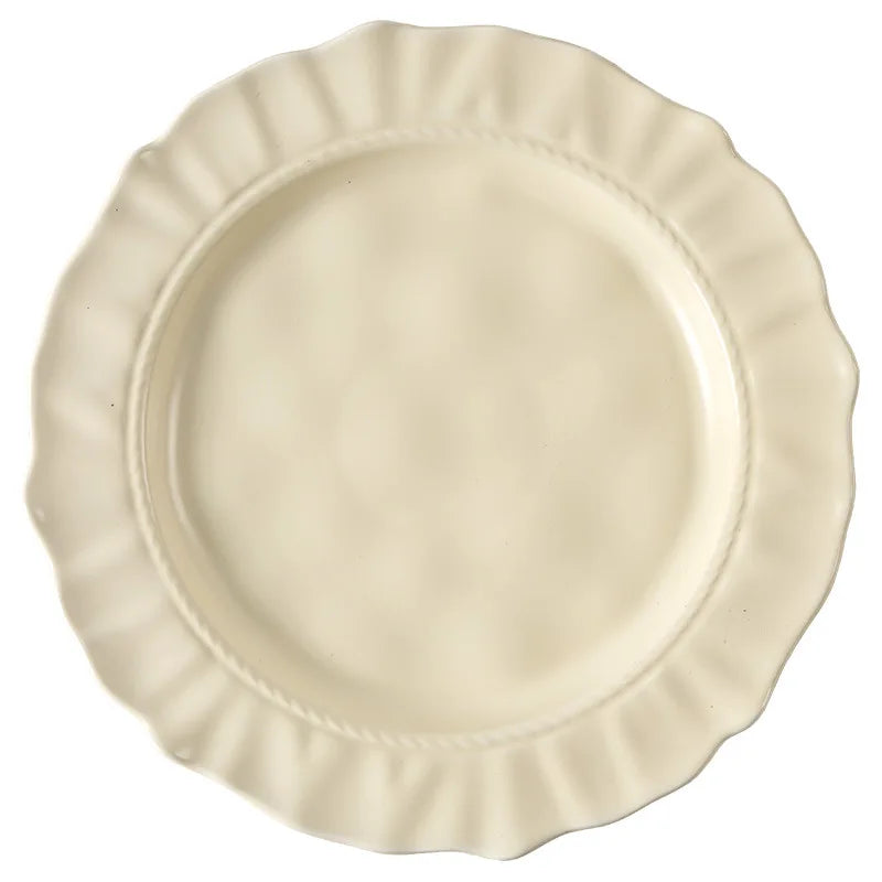 French Embossed Ceramic Dinner Plate Wavy Edge Cream Color Salad Dessert Round Serving Plate High End Restaurant