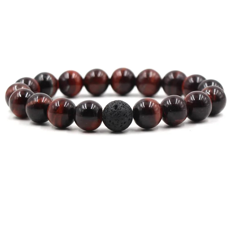 10mm Black Lava Stone and Red Tiger Eye Bead Bracelets Fashion Couple Set for Men Women for Wedding or Party With Zircon Stone