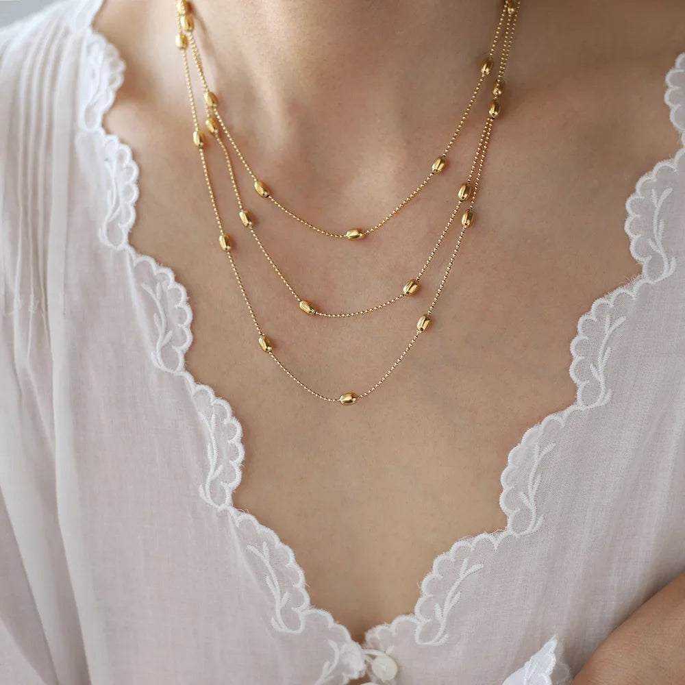 Latest Design Dainty Beaded Necklace 18K Gold Plated Multi-Layer Stainless Steel Long Gold Bead Beads Necklace Charm Pendants