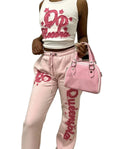 KY Vintage Embroidered Summer Crop Top and Loose Fit Sweatpants for Women Distressed Knitting Fabric Sweatsuit