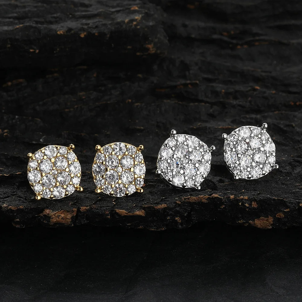 Hip Hop Simple Trendy Iced out Zircon Stud Earrings Full Diamond Gold Plated Copper for Men and Women for Parties