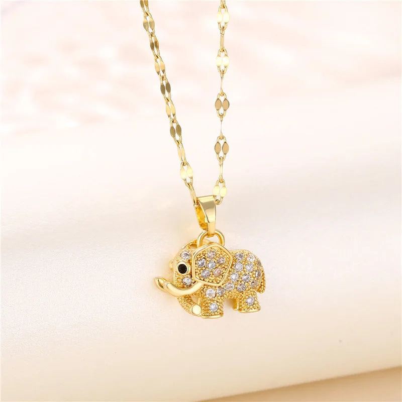 Fashion Versatile Cute Animal Necklace 18K Stainless Steel Diamond Zircon Elephant Pendant Necklace for Women