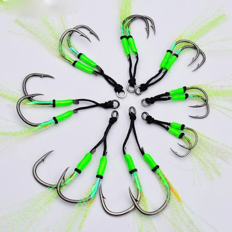 Hot Sales Double Assist Slow Jigging Fishhooks With Fish Skin Skirt for Sea Fishing Metal Jig Hooks