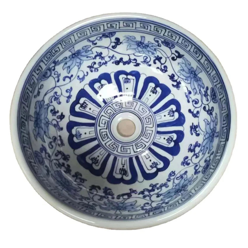 Luxury Blue White Hand Painted Ceramic Eco-Friendly Easy Clean Countertop Mounted Bathroom Sinks Chinese Traditional Porcelain