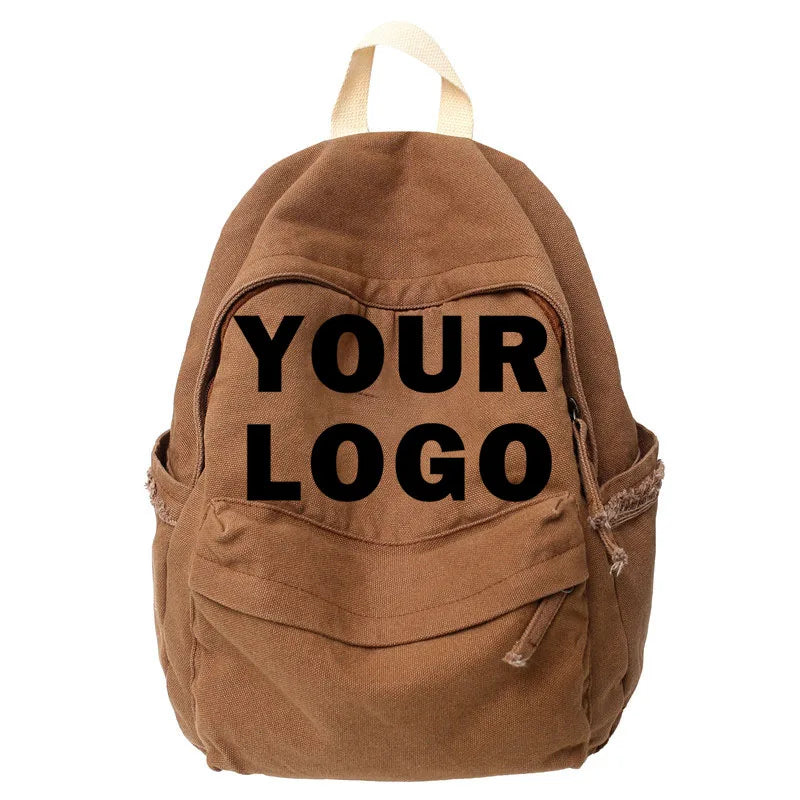 Custom Logo Retro Fashion Washed Canvas Backpack Simple Casual Sports Travel Bag