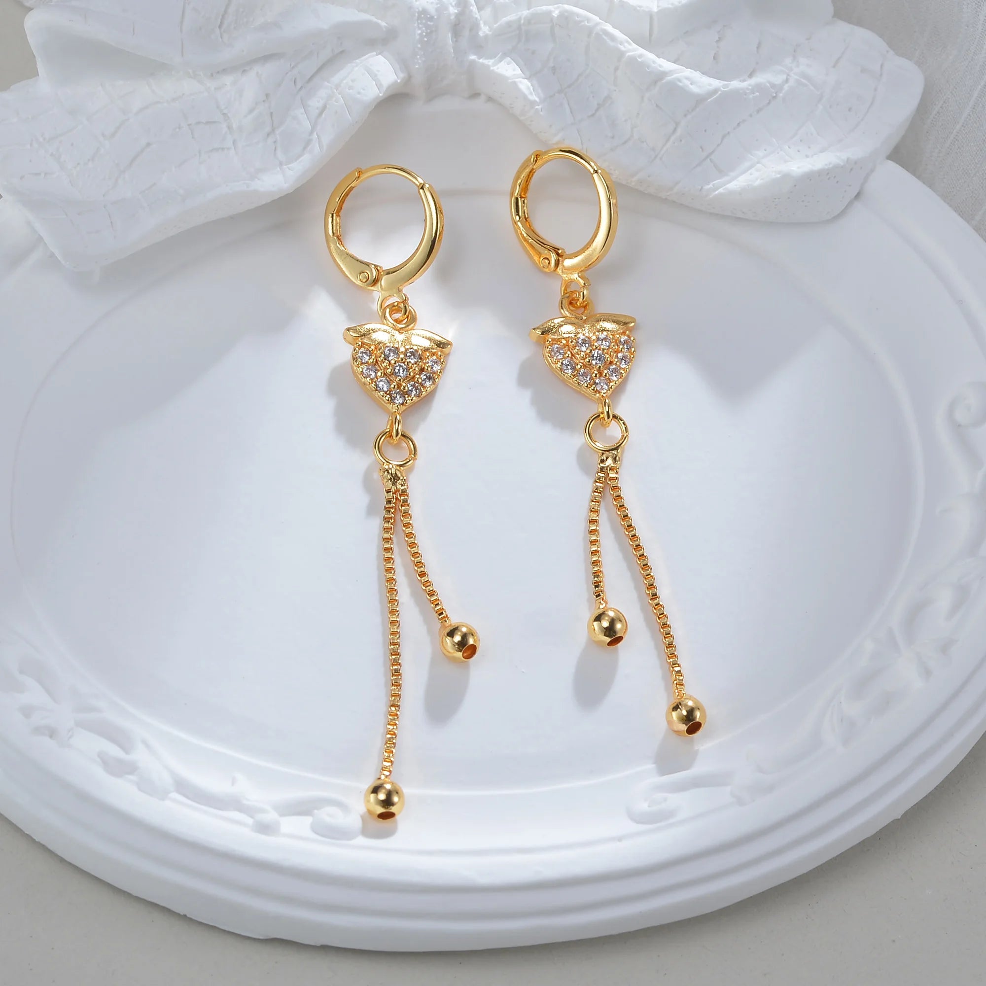 Luxury Jewelry Anti Rust 18K Gold Plated Brass CZ Setting Cute Strawberry Women Ladies Tassel Hoop Earrings