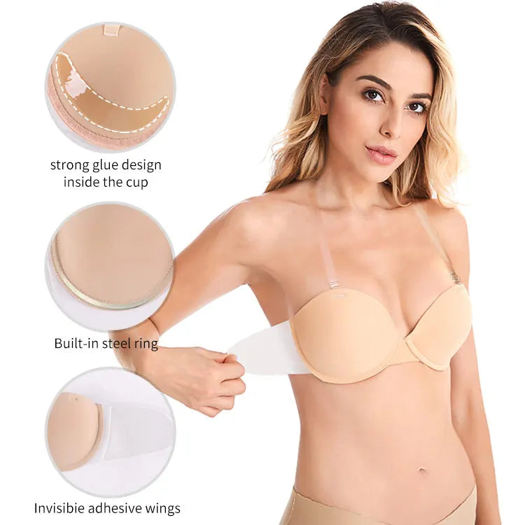 Adhesive Invisible Backless Strapless Seamless Wire-Free Deep Plunge Bra Kit Push-Up Front Closure Bra for Wedding Dress