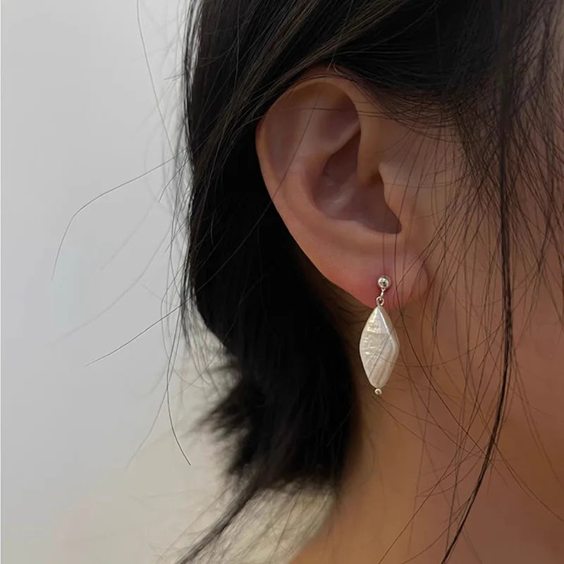 Simple Fashion Pure 925 Sterling Silver Natural Baroque Pearl Square Hanging Stud Earrings for Women Girls
