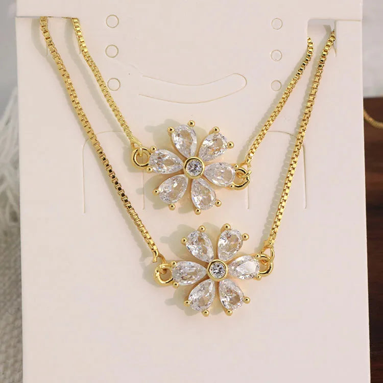 S11087  Chic Dainty 18k Gold Plated Crystal Diamond CZ Zircon Floral Flower Necklace and Bracelet Earring Jewelry Set