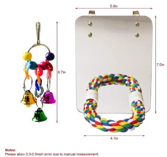 Parrot Bird Chew Toy Mirror Set with Cotton Rope and Station Bar-2 Pieces for Small Animals