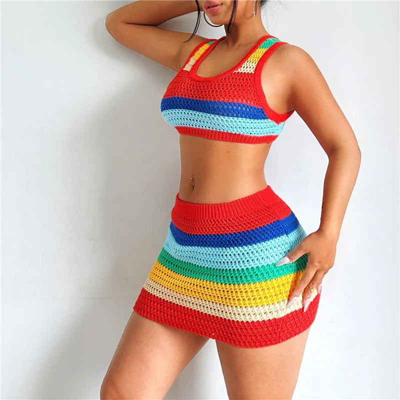 Fashionable Summer Colorful Casual Color Matching Knit Sexy Crop Top and Mini Skirt Set for Women