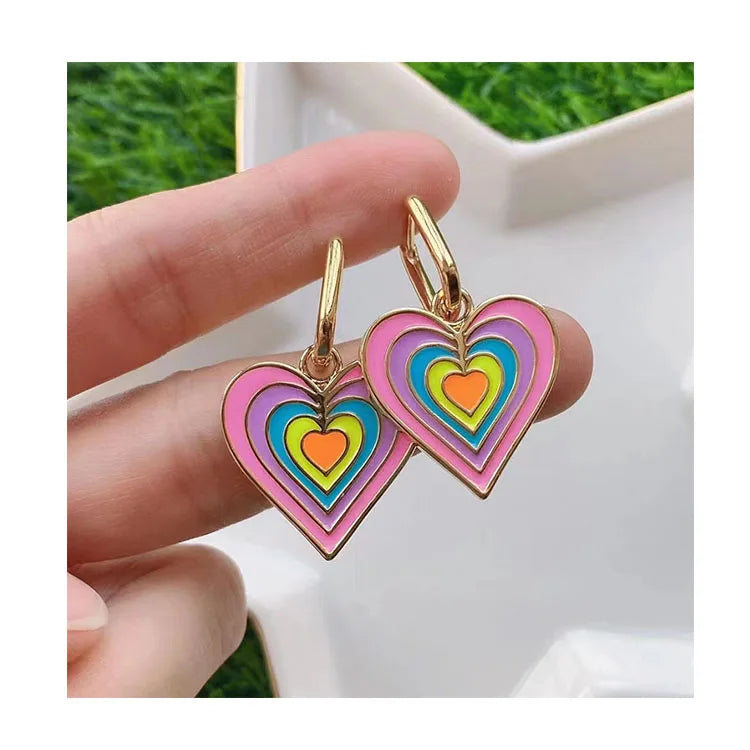EM1283 18K Gold Plated Rainbow Enamel Colorful Heart Drop Huggie Female Earrings for Women Ladies 2021