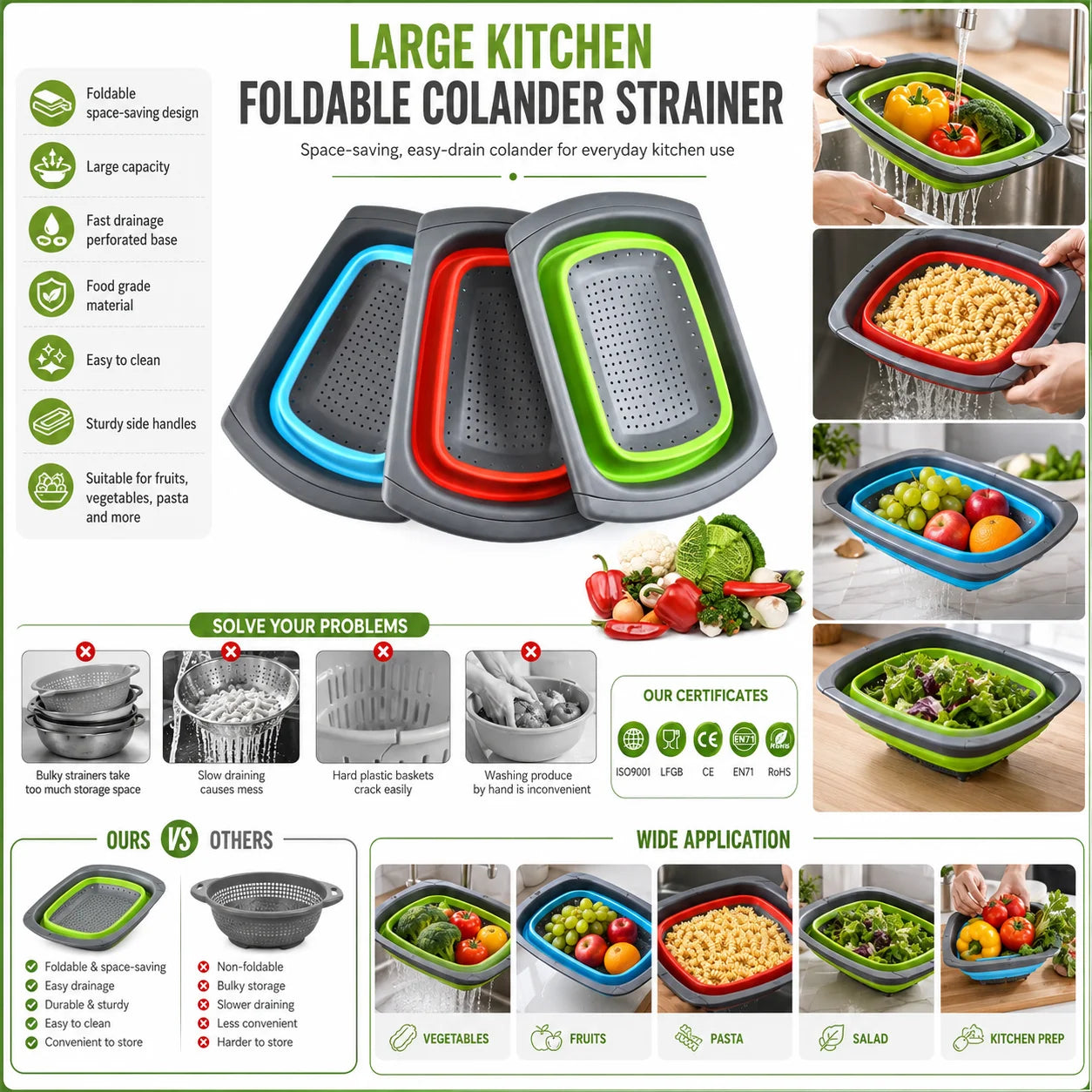 Custom Logo Foldable Colander Strainer OEM ODM Kitchen Draining Washing Rinsing Drain Basket with Private Label Packaging