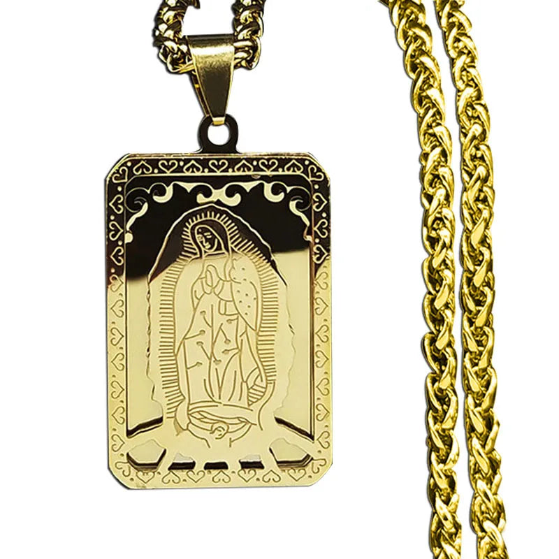 18K Gold Plated Religious Stainless Steel Necklace with 18k Gold Jesus Christ Charm Square Cross Pearl Gift Religious Occasions