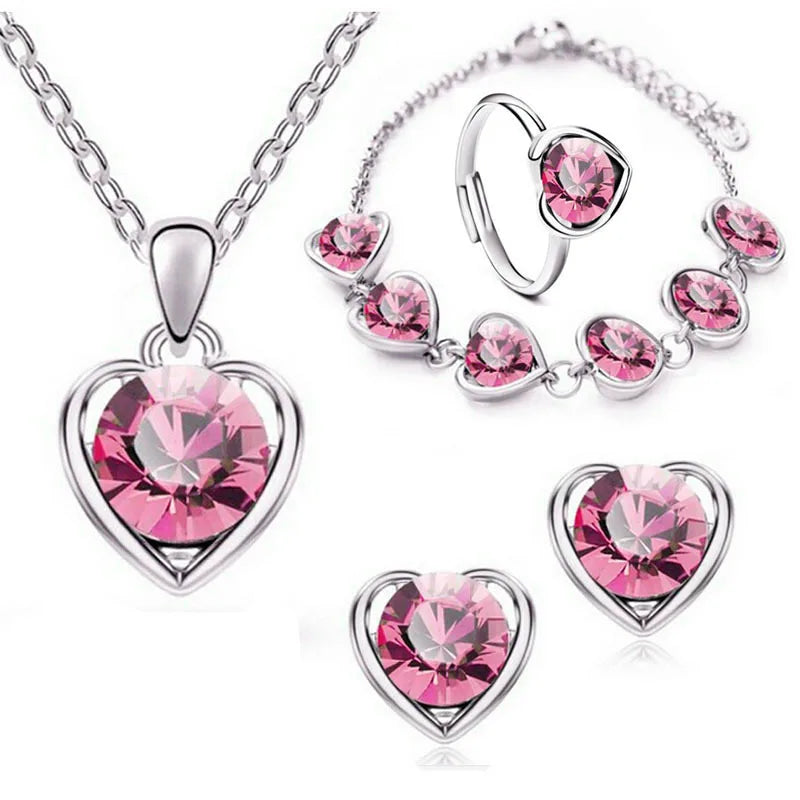 Wholesale 4PCS/Sets Love Heart Pendant Necklaces Bracelet Earrings Rings Jewelry Set Crystal Gold Plated Women Girls