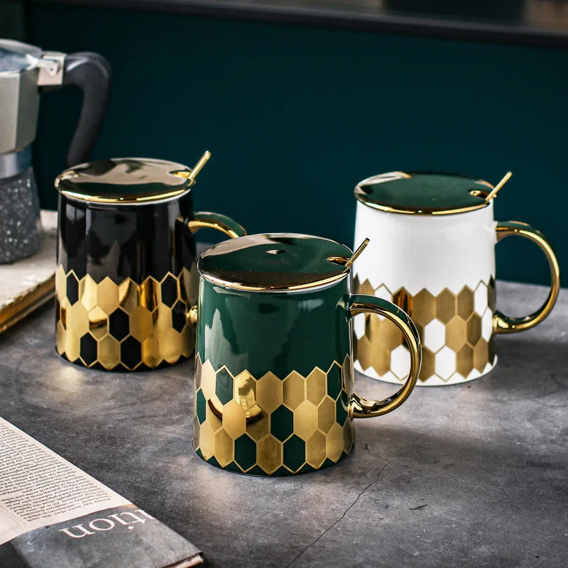 Luxury White Golden Honeycomb Design Ceramic Mug with Lid Spoon Flower Tea Milk Coffee Cup for Gift Household Office