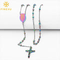 Catholic Rosaries Religious Gradient Rainbow Jesus Cross Pendant Stainless Steel Prayer Bead Chain Rosary Necklace