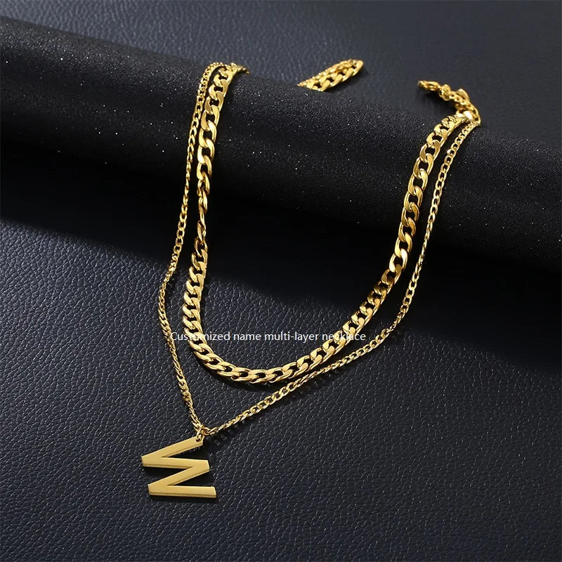 Simple Retro Hip-Hop Style Double-Layer Stacked Stainless Steel W Letter Pendant Necklace for Women Wholesale Fashion Accessory