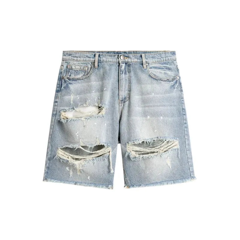 Men's Loose Straight Distressed Denim Shorts Streetwear Paint Splash Washed Jean Mid Waist Casual Style Pockets Summer
