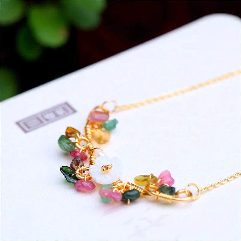 Wholesale Healing Crystal 14k Gold  Plated Tourmaline Flower Necklace Hand-woven Chain for Women
