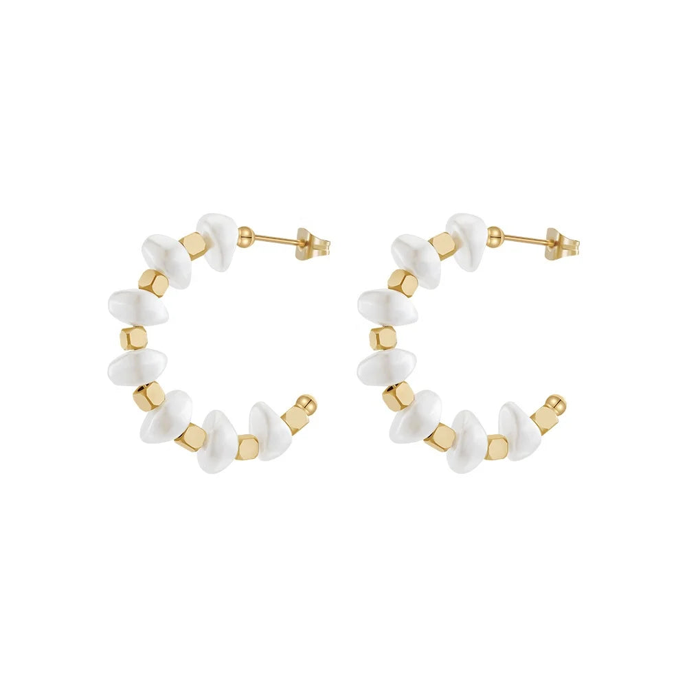 Latest 18K Gold Plated Stainless Steel Jewelry C Shaped Irregular Pearl Small Square Earrings for Women Hoop Earrings E231451