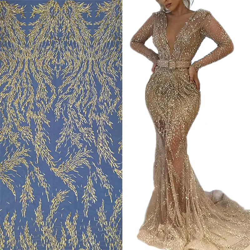 Blaze Luxury Gold White Bridal Gown Fabric Soft Beaded Embroidery Tulle Pearl Lace Evening Dress Plain Style Breathable Wedding