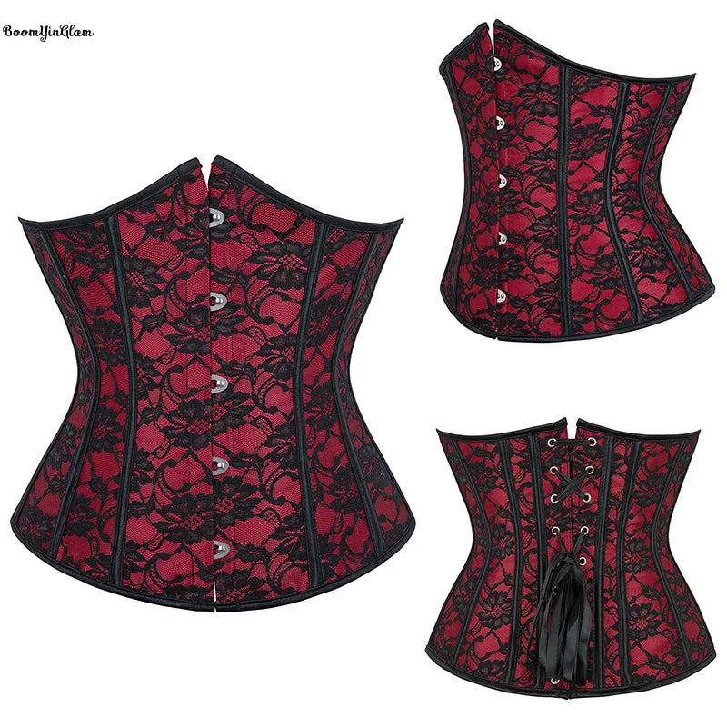14 Fish Bones Vintage Korsette Lace up Firm Tummy Control Floral  Bustier Burgundy Underbust Corset Top for Women