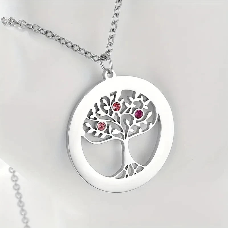 New North Tree Life Charm Necklace Fashion Stainless Steel Inlaid Zircon Choker Blank Tree of Life Birthstones Pendant Necklace
