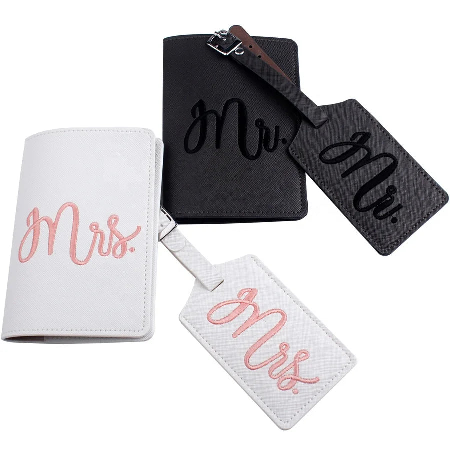 Custom Logo Saffino Leather Passport Card Holder PU Passport Cover Luggage Tag Set  Mr. and Mrs.Passport Holder With Luggage Tag
