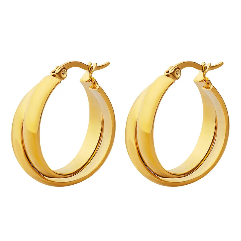 Stainless Steel 18K Gold Personalized PVD Geometric Cross Circle Earrings Double Layers U Shaped Titanium Fashion Hoop Earrings