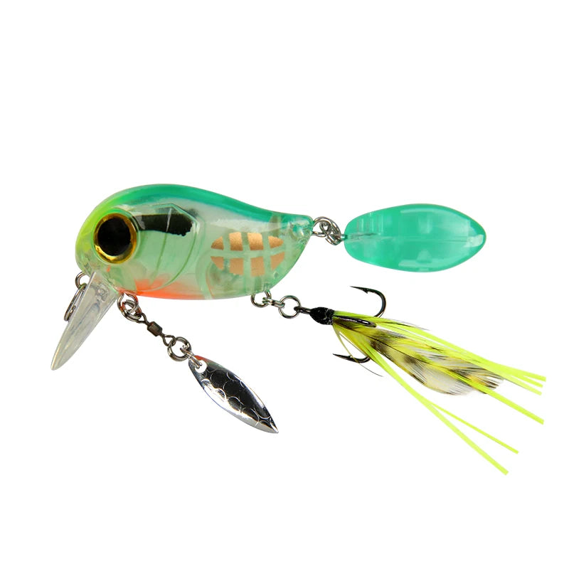 LETOYO Floating Crankbait 8g 40mm Mini Crank Baits Steel Ball Feather Hook 3D Eyes Top Water Fishing Lure with Spinner Hard Bait