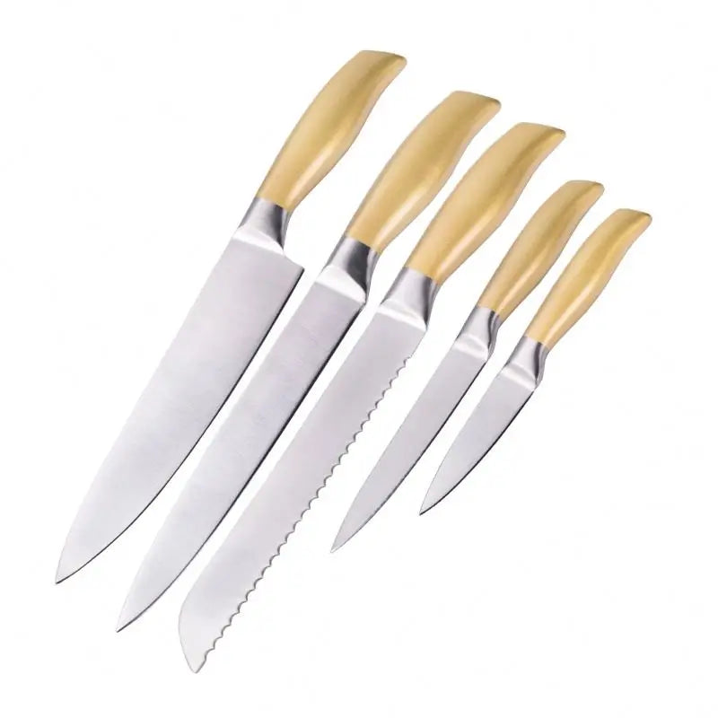 Wholesale 2021 Unique Design 5 Piece Stainless Steel 3Cr13 Blade Disposable Pakka Wood Handle Kitchen Knife Set