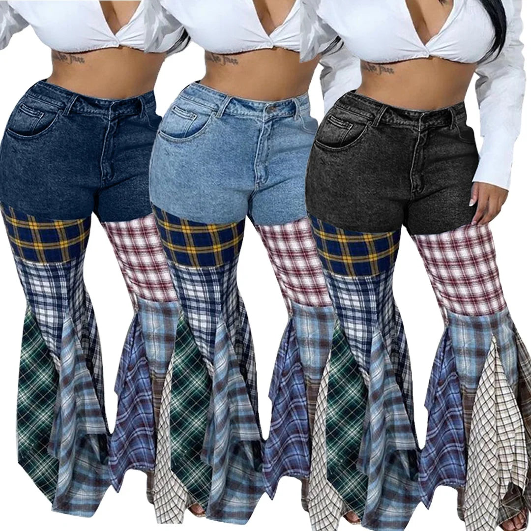 European American Fashion Patchwork Denim Plaid Flare Pants Women High Waist Casual Long Trousers
