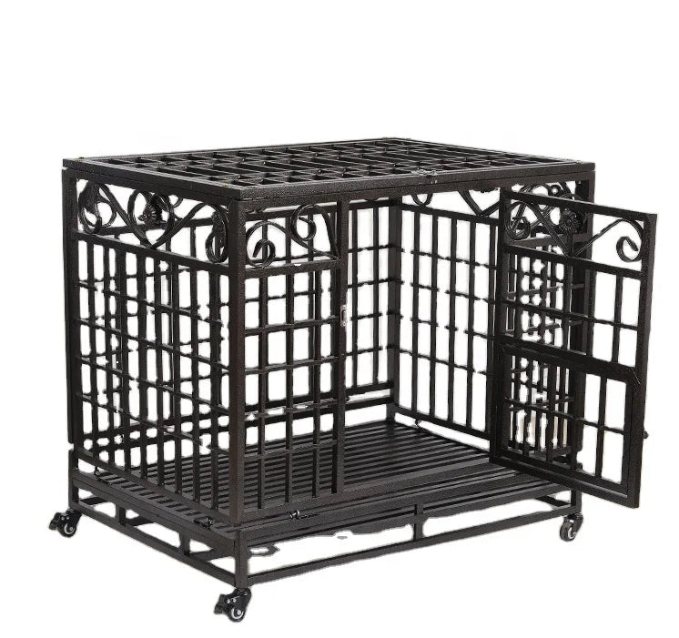 Folding Strong Galvanized Metal Frame Removable Tray Lockable Wheels Heavy Duty Dog Kennel Crate Cage for Large Dog Breeds
