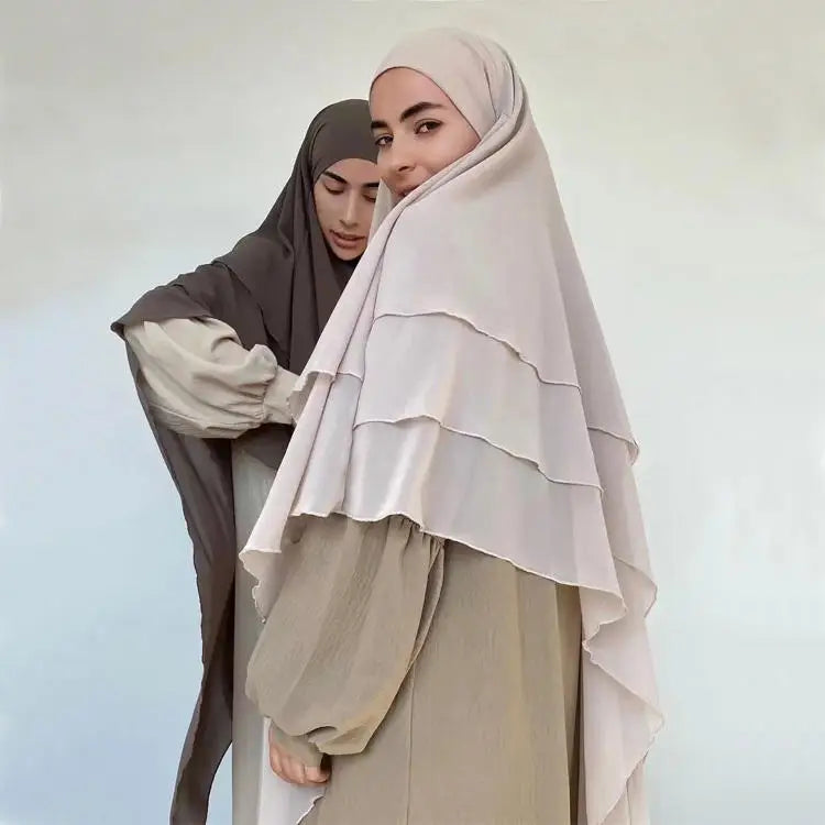 Latest Plus Size Breathable Lightweight Anti-Wrinkle Three Layer Chiffon Khimar Hijab for Women Muslims Tie Back Long Multi