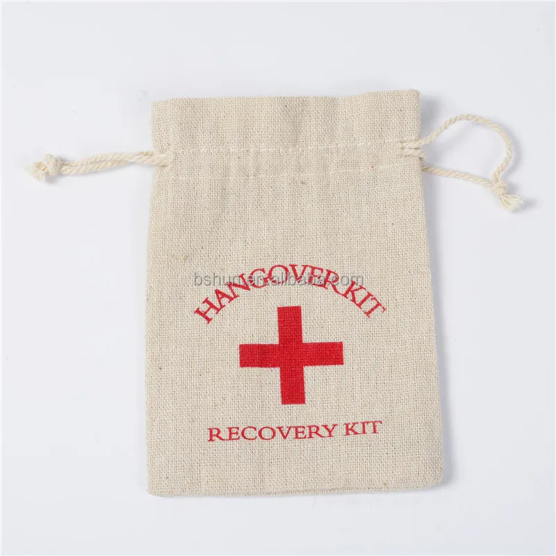 Custom Logo Printed Hangover Kit Cotton Bag with Double String and Drawstring for Medicine Use
