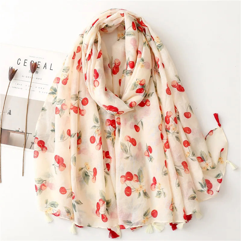 Wholesale 2025 Spring Summer Cotton Voile Printed Muslim Hijab Scarves Fashion Red Cherry Pattern Malaysia Arab Cotton Hijabs